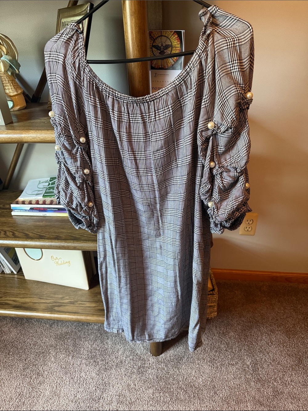 MSK Gray Plaid Puff-Sleeve dress with Pearl Trim